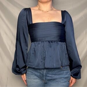 Abercrombie & Fitch Navy Satin Square-Neck Peplum Blouse